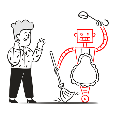 Young man helped by robot helper  Illustration