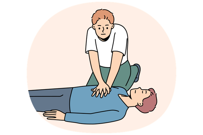 Young man helping his unconscious friend and stop breathing on floor with CPR  Illustration