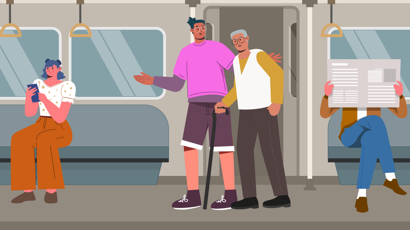 Young man helping old aged man inside metro train  Illustration