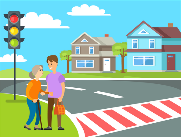 Young man helping senior lady for crossing road  Illustration