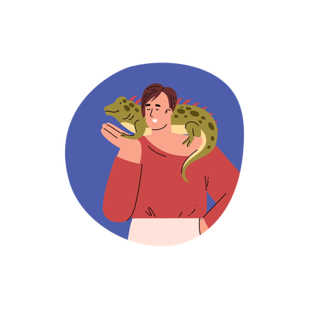 Young man hold iguana on his shoulder  Illustration