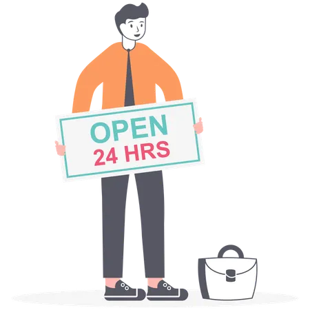 Young man holding 24 hours open board  Illustration