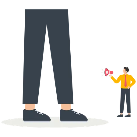Young Man Holding A Megaphone And Shouting At The Giant Big Businessman  イラスト