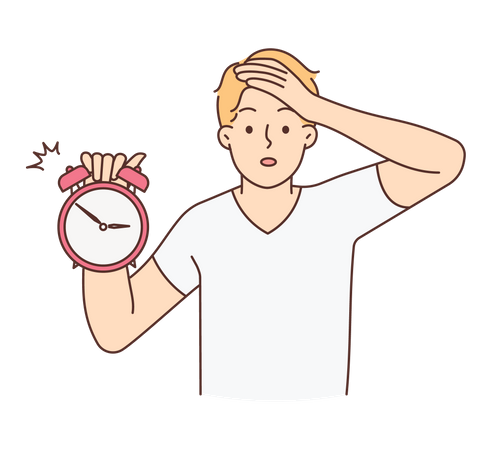 Young man holding alarm with shocking expression Illustration