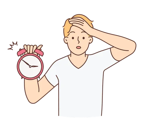 Young man holding alarm with shocking expression Illustration