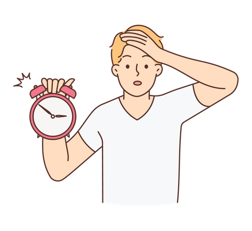 Young man holding alarm with shocking expression  Illustration