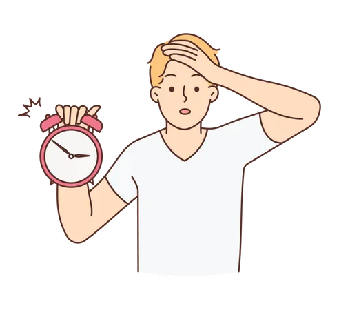 Young man holding alarm with shocking expression  Illustration