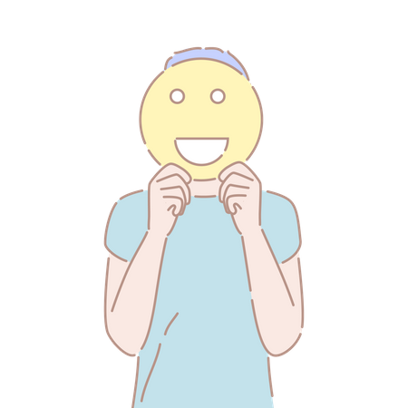 Young man holding an smiling emoji sign in front of his face cheerful mood, positive facial expression  일러스트레이션