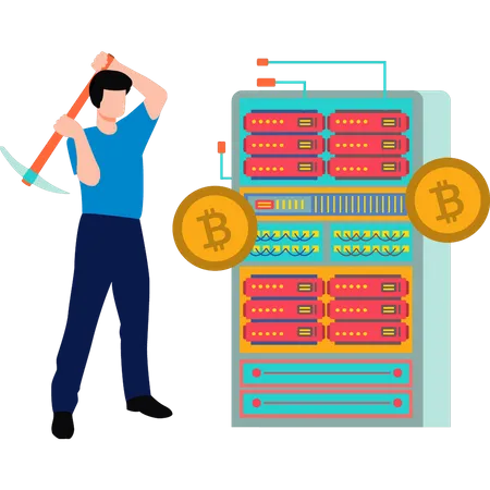 Young man holding axe and mining bitcoins Illustration
