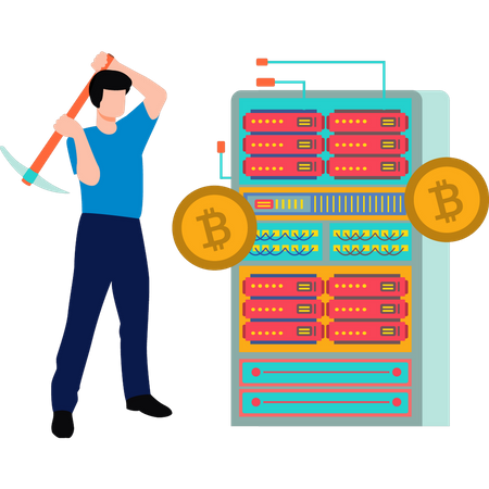 Young man holding axe and mining bitcoins  Illustration