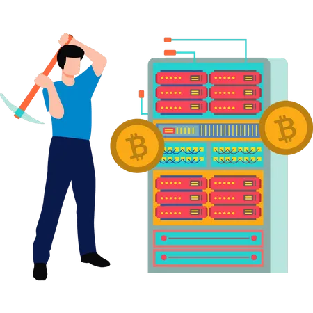 Young man holding axe and mining bitcoins  Illustration