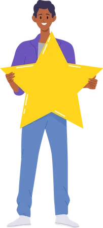 Young man holding big golden star  Illustration