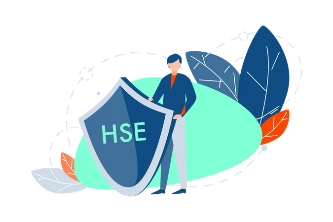 Health Insurance Safety Environment Protection Care Concept Young Man Or Boy Is Holding Big Shield With Hse Acronym Ecological Problem Health Care And Enviromental Protection Symbol Flat Vector Illustration
