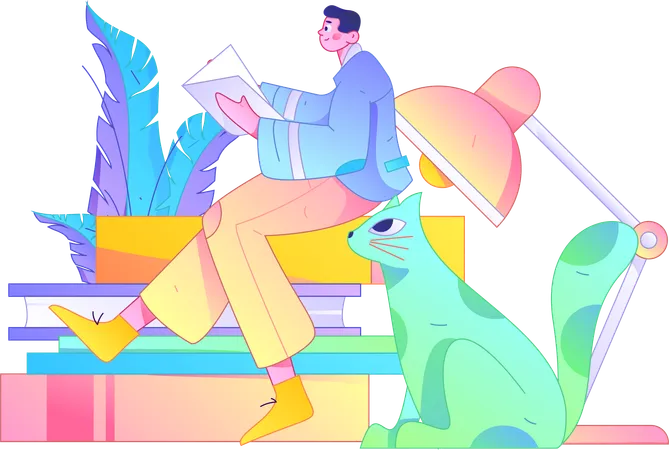 Young man holding book while reading book  Illustration