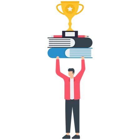 Young man holding books and trophy cup  Illustration