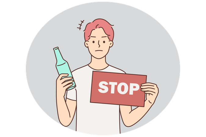 ボトルと警告サインを持った若い男性が飲酒に抗議  イラスト