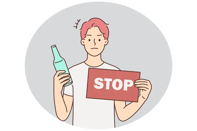ボトルと警告サインを持った若い男性が飲酒に抗議  イラスト