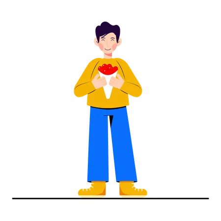 Young man holding bouquet of hearts  Illustration