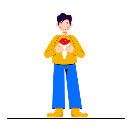 Young man holding bouquet of hearts  Illustration