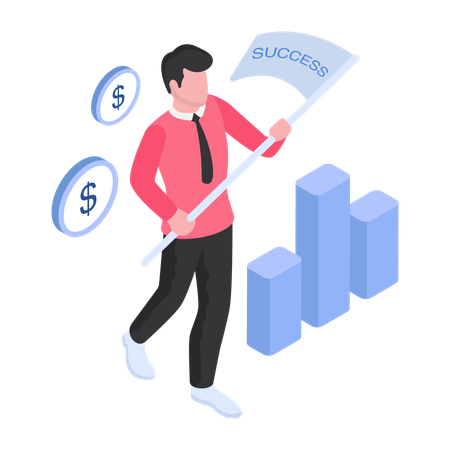 Young man holding business success flag  Illustration