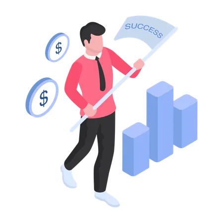 Young man holding business success flag  Illustration