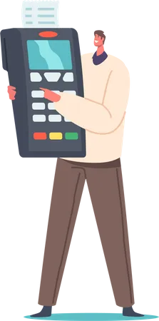 Secure Purchases Technologies Contactless Payment With Credit Card Reader Machine Concept Isolated Male Character Stand With Huge Pos Terminal For Cashless Paying Cartoon Vector Illustration Illustration