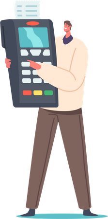 Young man holding card swipe machine  Illustration