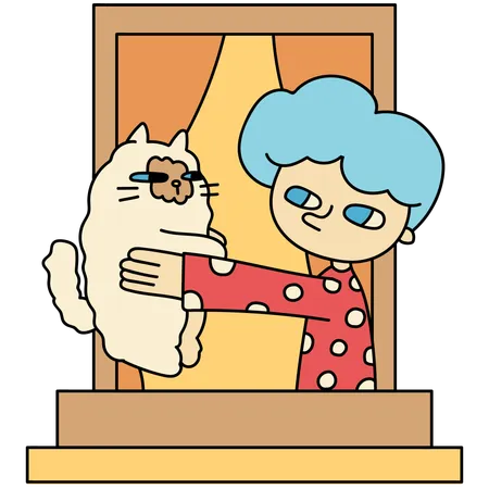 Window With Man Holding Cat Cartoon Vector Illustration In Line Filled Design Illustration