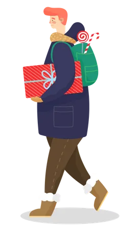 Young man holding christmas gift  Illustration
