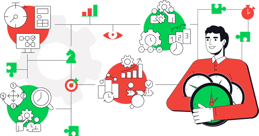 時間管理に取り組みながら時計を持つ若い男性  イラスト
