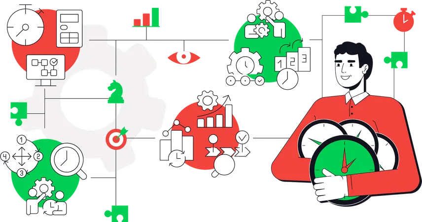 時間管理に取り組みながら時計を持つ若い男性  イラスト