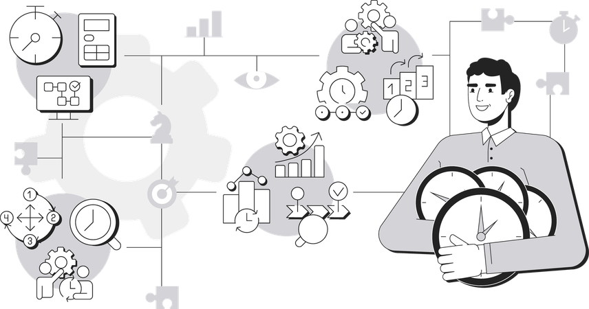 時間管理に取り組みながら時計を持つ若い男性  イラスト