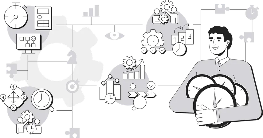 時間管理に取り組みながら時計を持つ若い男性  イラスト