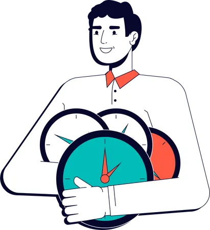 時間管理に取り組みながら時計を持つ若い男性  イラスト