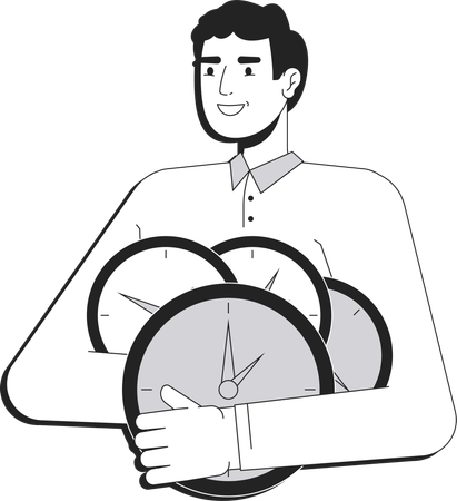 時間管理に取り組みながら時計を持つ若い男性  イラスト