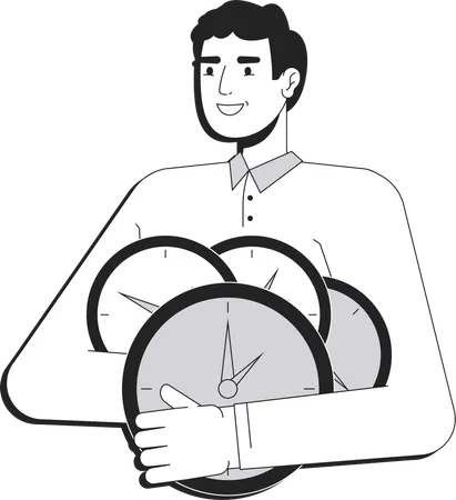 時間管理に取り組みながら時計を持つ若い男性  イラスト