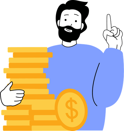 Young man holding coins stack while pointing finger  Illustration