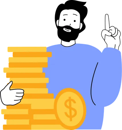 Young man holding coins stack while pointing finger  Illustration