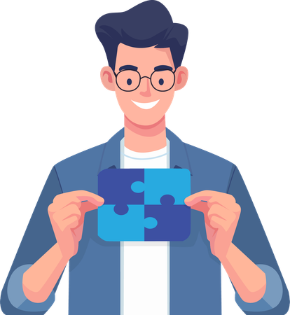 Young man holding completed jigsaw puzzle  Illustration