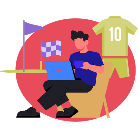Young man holding cup and working on laptop  Illustration