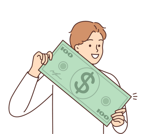 Young man holding dollar note Illustration
