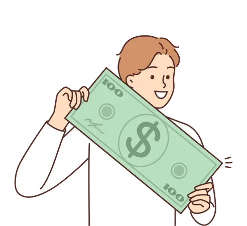 Young man holding dollar note  Illustration