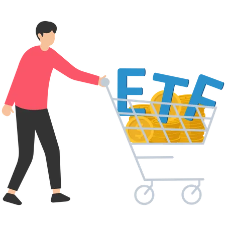 Young man holding etf shopping cart  Illustration