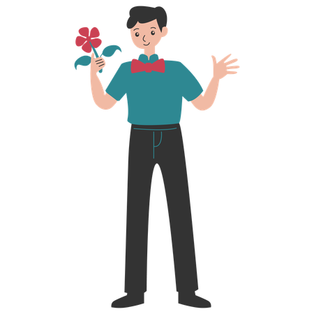 Young man holding flower  Illustration