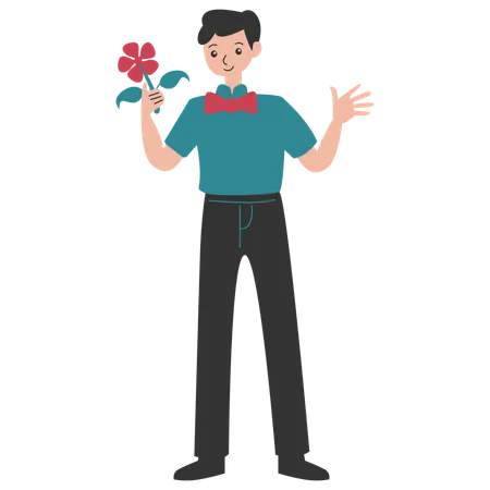 Young man holding flower  Illustration