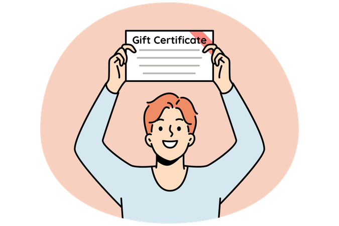 Young man holding gift certificate in hands  Illustration