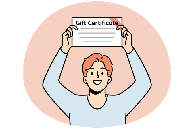 Young man holding gift certificate in hands  Illustration