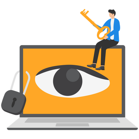 Young man holding key after lock the spy eye on laptop to stop watching private information Illustration
