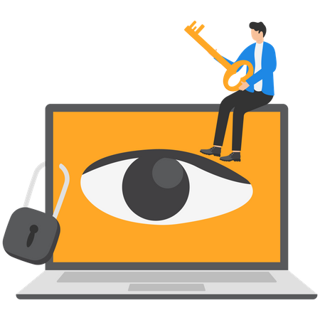 Young man holding key after lock the spy eye on laptop to stop watching private information  Illustration