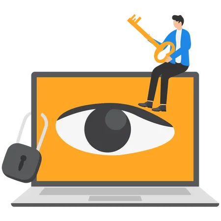 Young man holding key after lock the spy eye on laptop to stop watching private information  Illustration